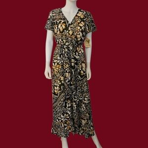 Vtg ONE WORLD Chiffon V-Neck Surplice Flutter Short Sleeve Tie Waist Dress